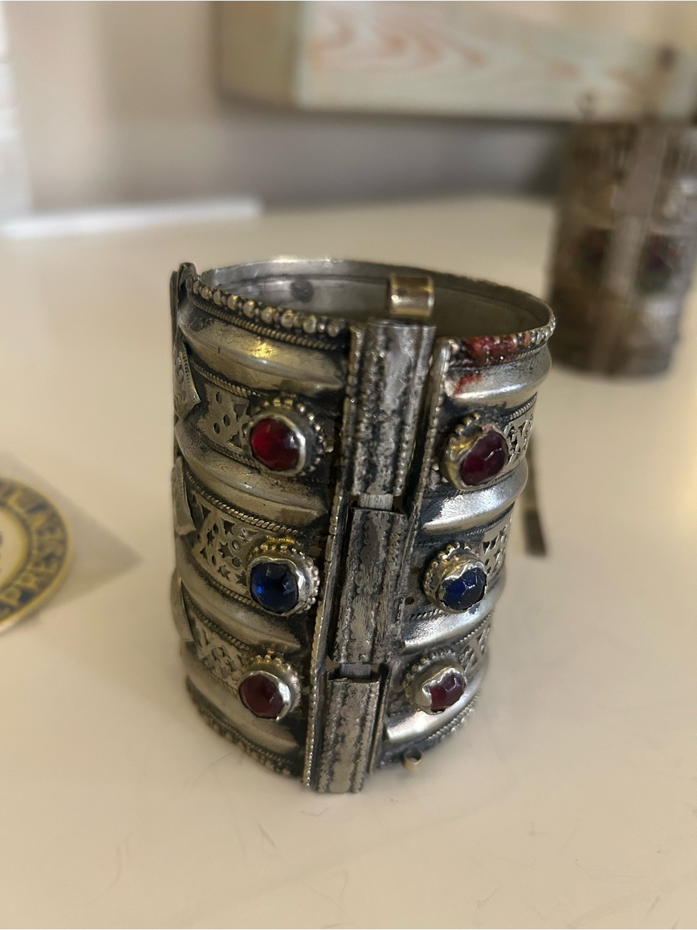 Vintage Indian Wear Silver-Tone Cuff Bracelet with Red and Blue Stones - Picture 8 of 10